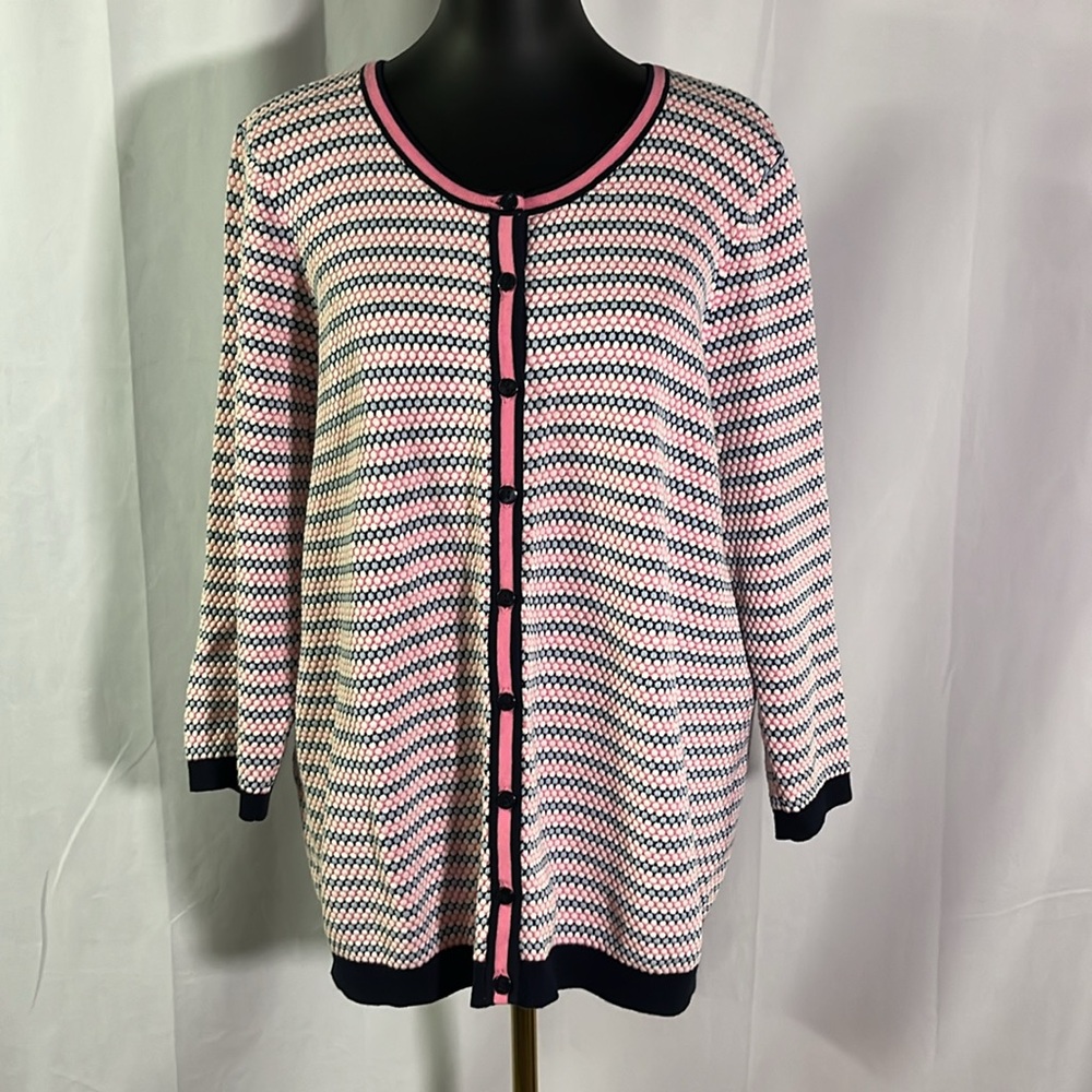 Talbots Pink White & Blue Striped Polka Dot 3/4 Sleeve Button Front Cardigan